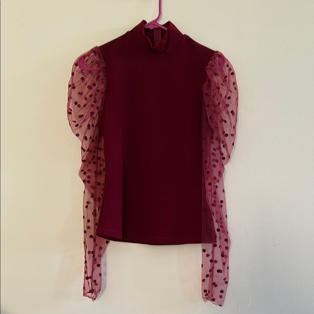 Maroon Blouse with Puff Sleeves and Mandarin Collar